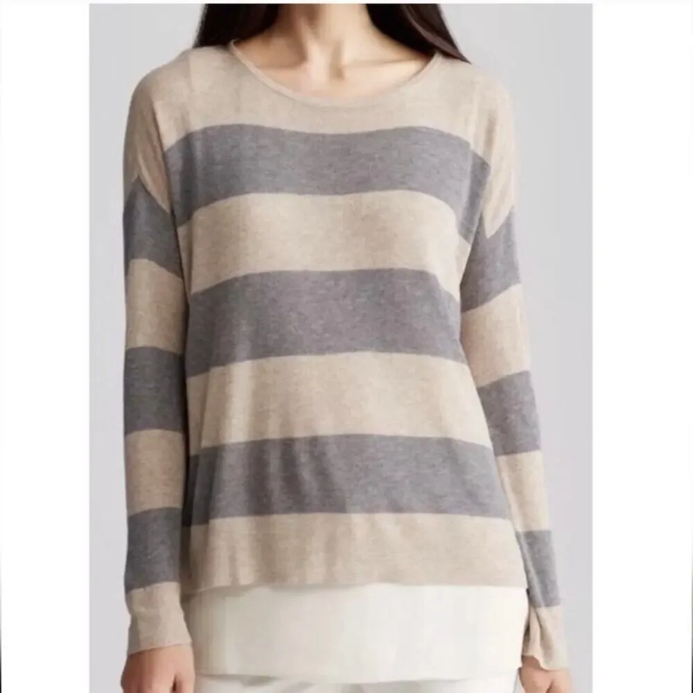 NWT Eileen Fisher Woman Tencel Merino Rib Stripe Boxy Top 1X Semi Sheer